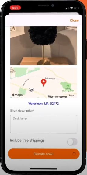 Donate screen with a photo of a desk lamp, its location and a short description